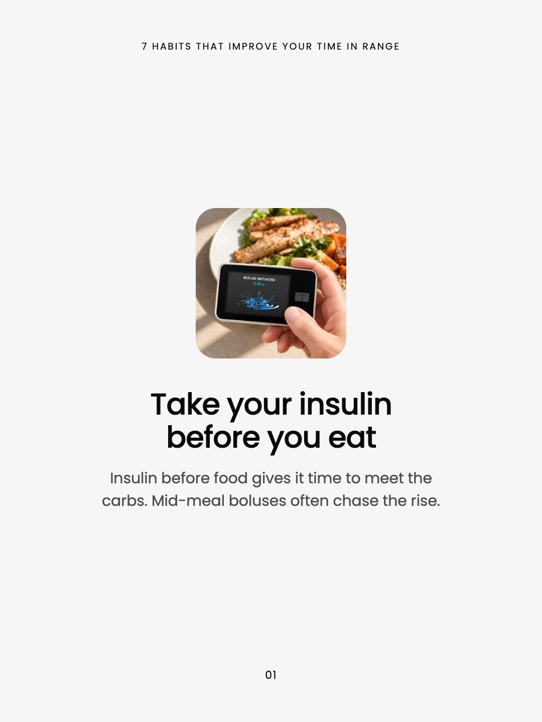 Habit 1 of 7: hand holding an insulin pump that says Bolus initiated, with a plated meal behind. Headline: Take your insulin before you eat.