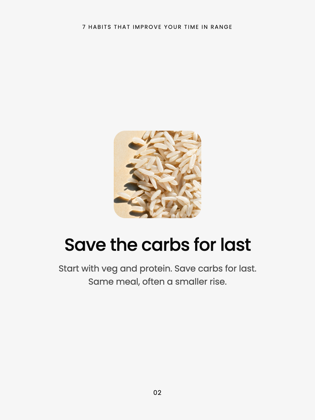 Habit 2 of 7: close-up of uncooked white rice on a light surface. Headline: Save the carbs for last.