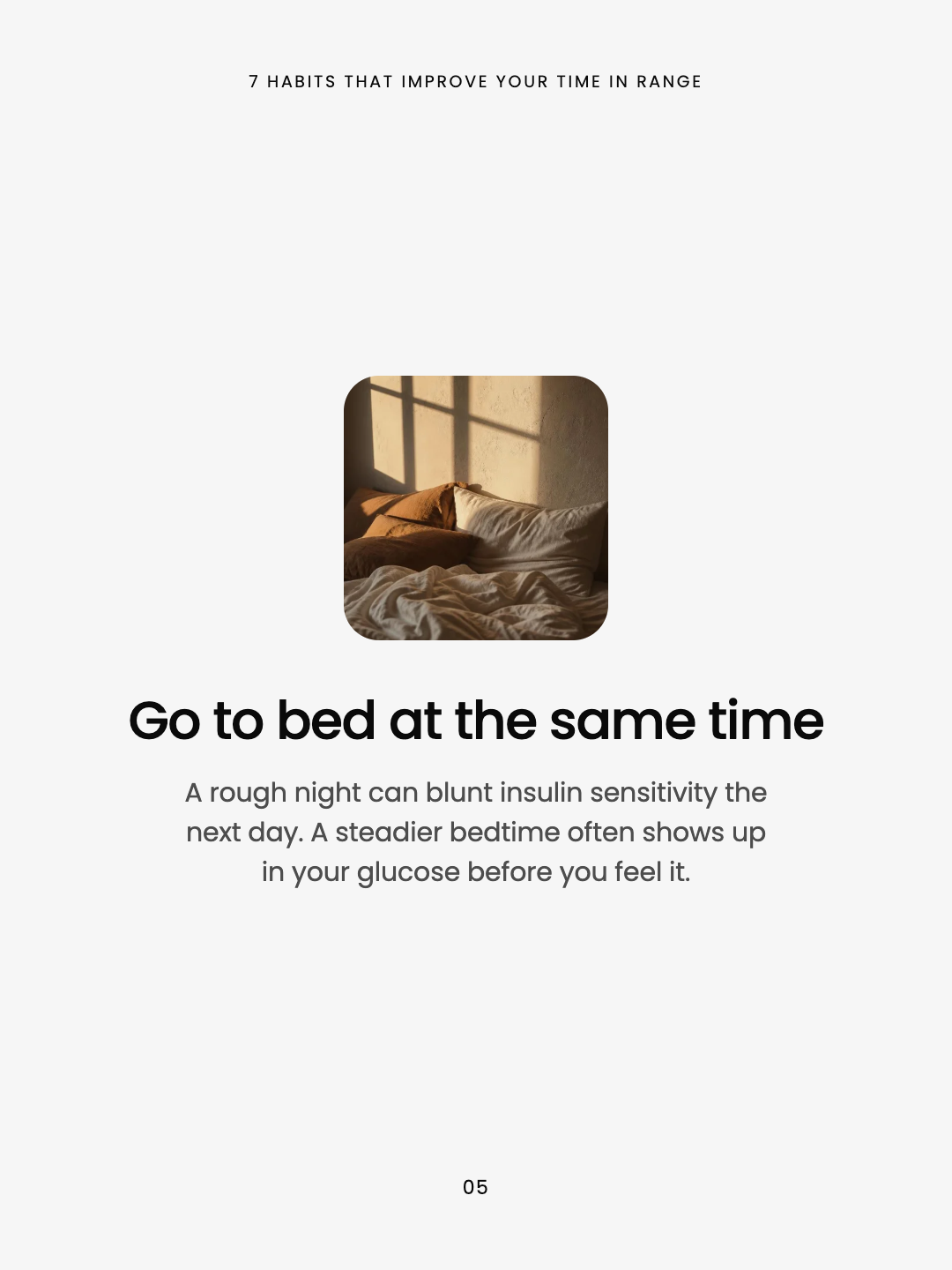 Habit 5 of 7: unmade bed with white sheets and soft daylight. Headline: Go to bed at the same time.