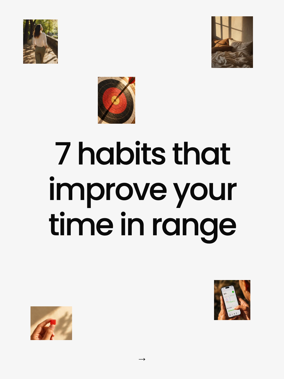 Carousel cover reading 7 habits that improve your time in range, with small photos of walking, a target, a bed, a glucose gummy, and a phone CGM graph.
