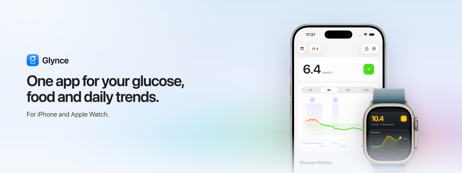 The Glynce app on iPhone and Apple Watch, showing a live glucose reading, a glucose chart with target range, and time in range