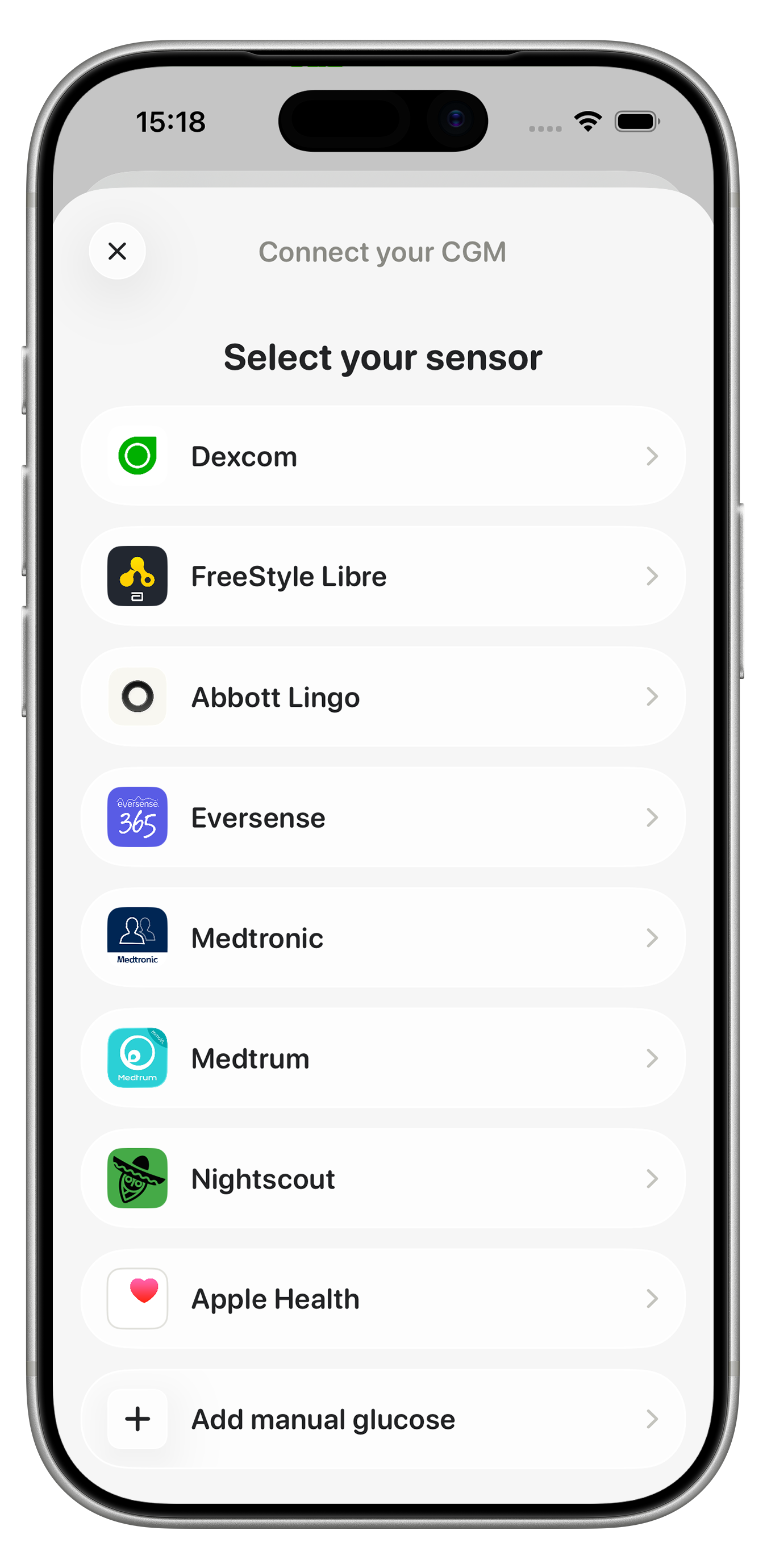 Glynce's Connect your CGM screen, listing Dexcom, FreeStyle Libre, Abbott Lingo, Eversense, Medtronic, Medtrum, Nightscout and Apple Health as sensors to select