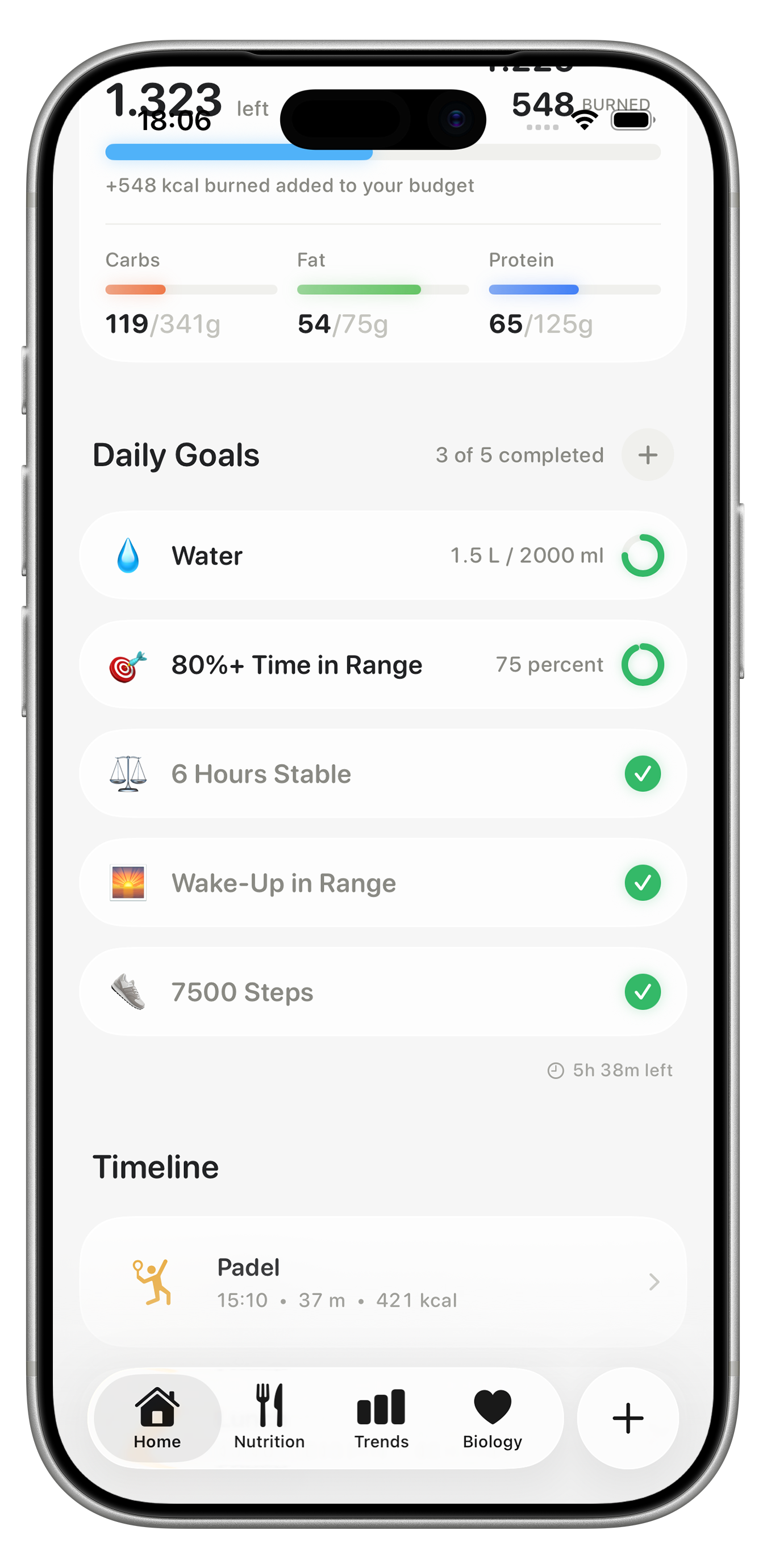 The Glynce home screen showing Daily Goals with three of five completed: water, an 80 percent Time in Range target, six hours stable, waking up in range, and 7500 steps
