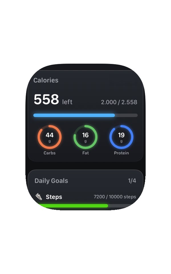 Glynce on Apple Watch showing calories and macros for the day