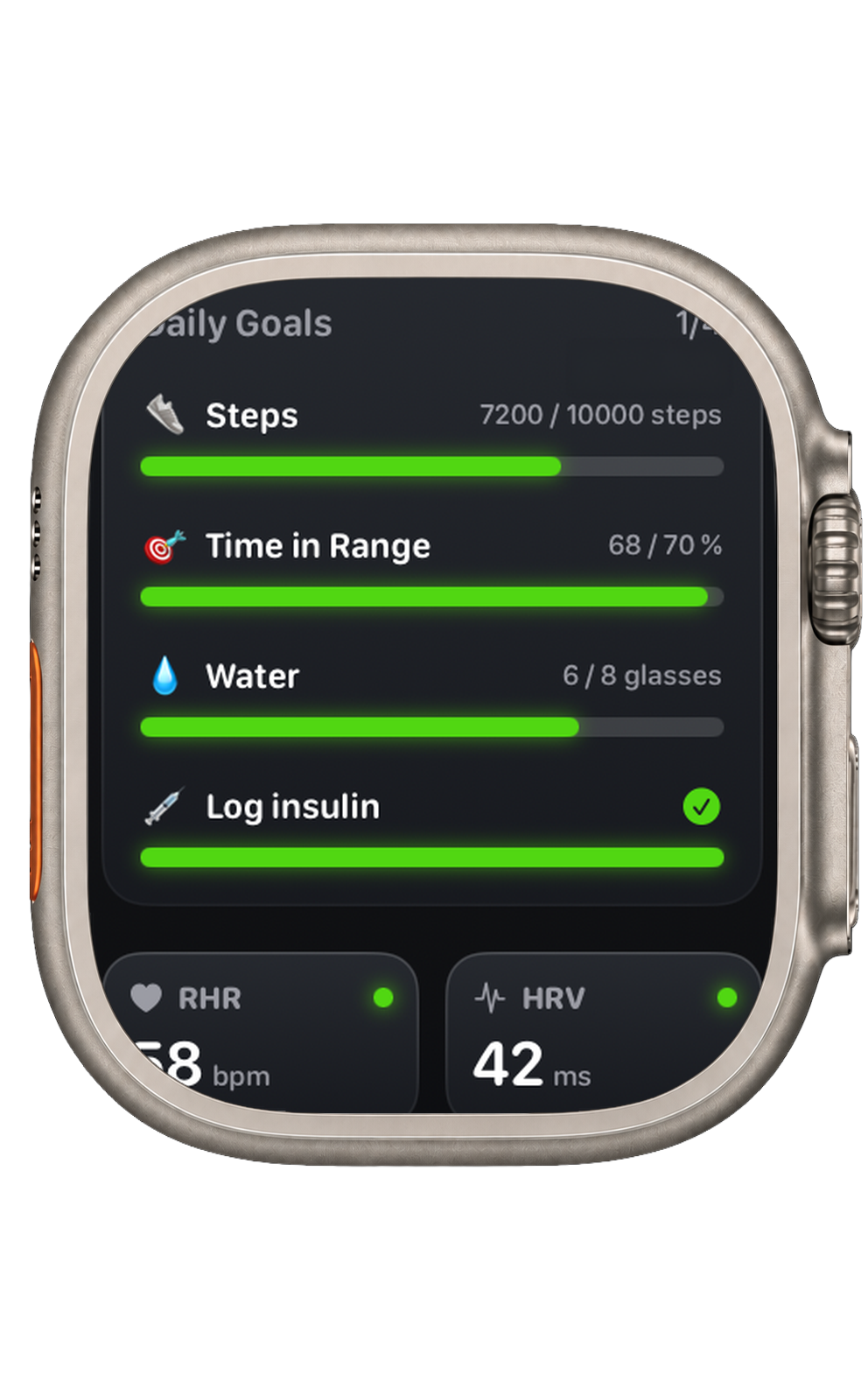 A Glynce Apple Watch showing daily goals with resting heart rate and HRV underneath